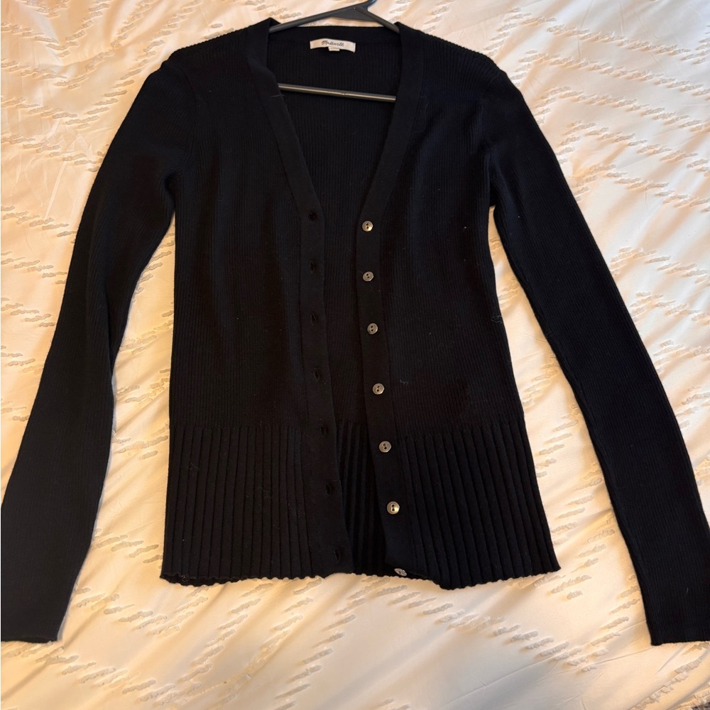 Madewell Black Ribbed V-Neck Button Cardigan Sweater